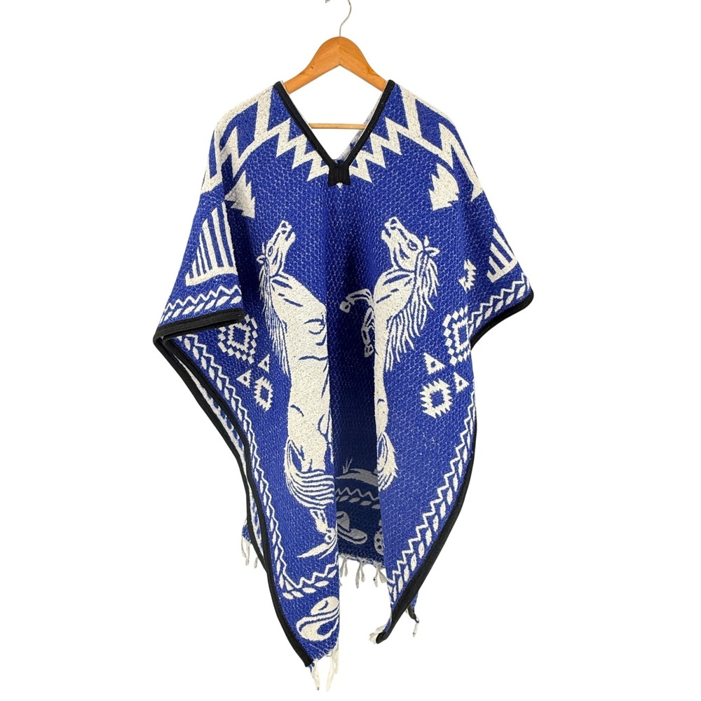 Unbranded Poncho Blue One Size Western Horse Print Geometric Fringe Wrap